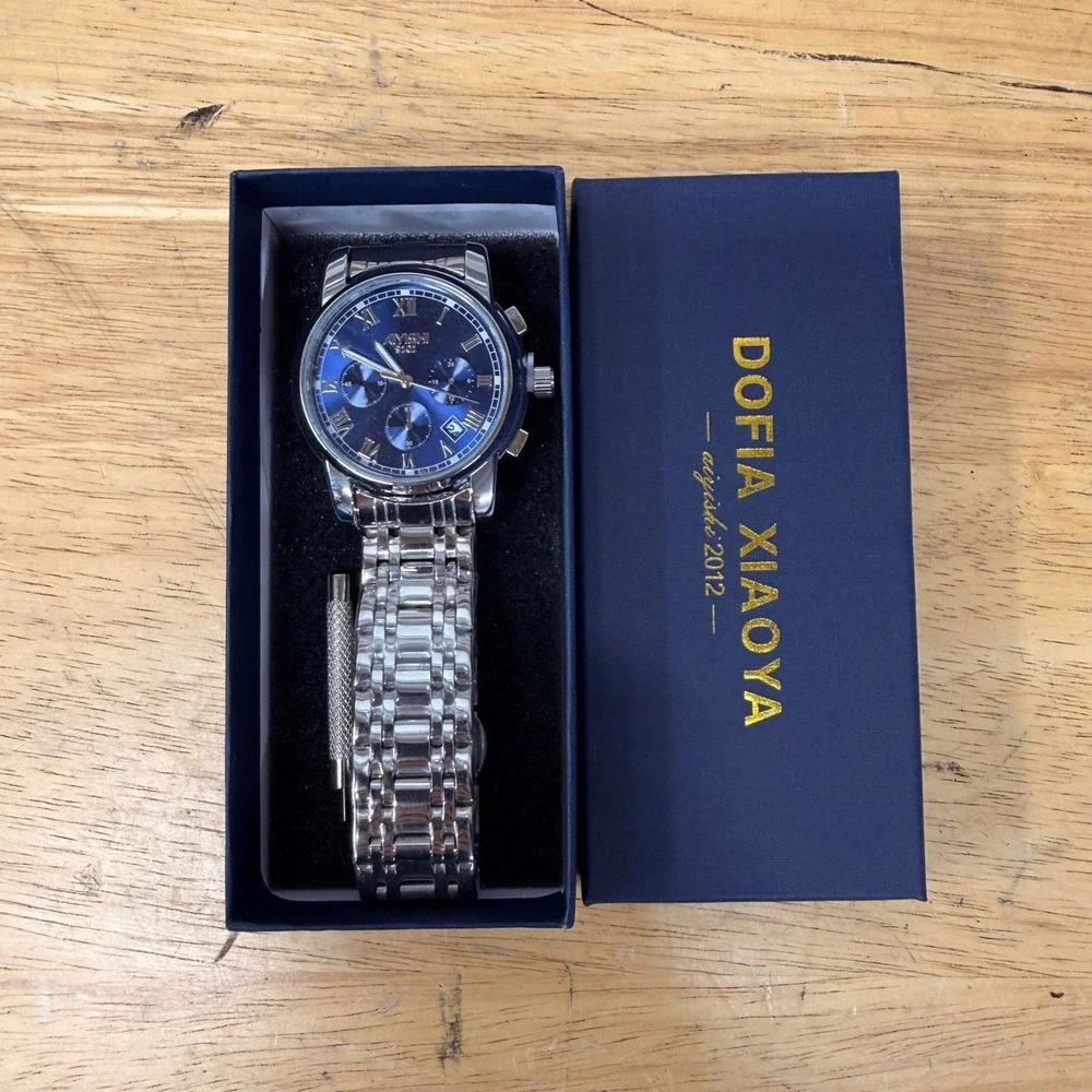 Dofia Xiaoya Aiyishi 9101‎ Men's Silver Stainless Steel Quartz Watch Blue Dial